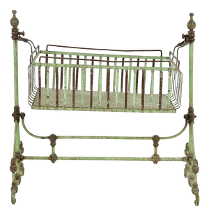 Antique Cradle in Cast Iron and Patinated Green Metal