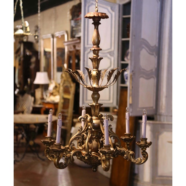 Early 20th Century French Rococo Carved Giltwood Six-Light Chandelier For Sale - Image 4 of 6