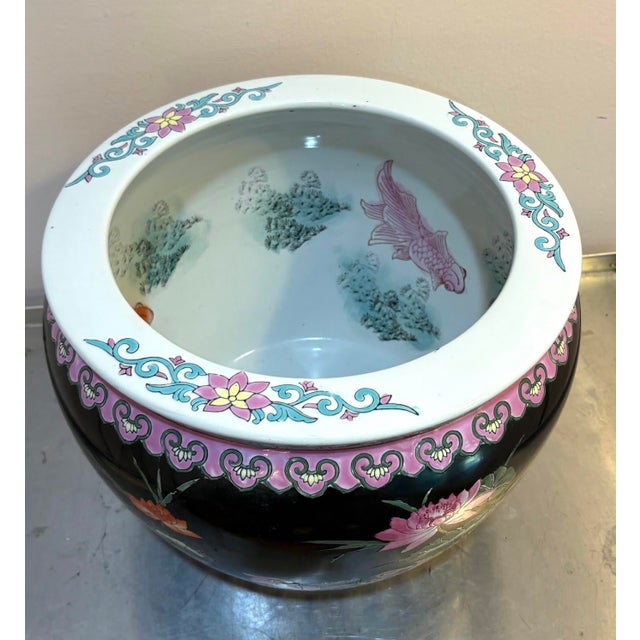 1970s-80s black/pink asian ceramic koi fish/bird planter. Excellent condition.