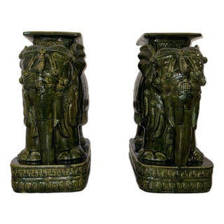 Hollywood Regency Emerald Green Ceramic Elephant Plant Stands – Pair For Sale