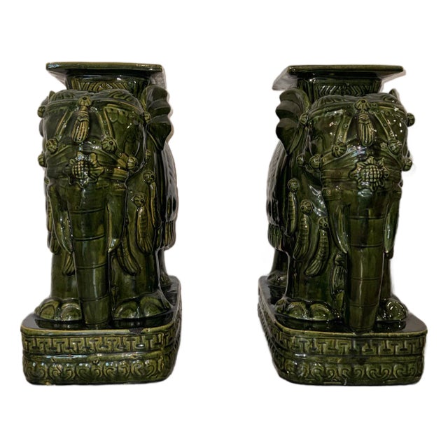 Hollywood Regency Emerald Green Ceramic Elephant Plant Stands – Pair For Sale
