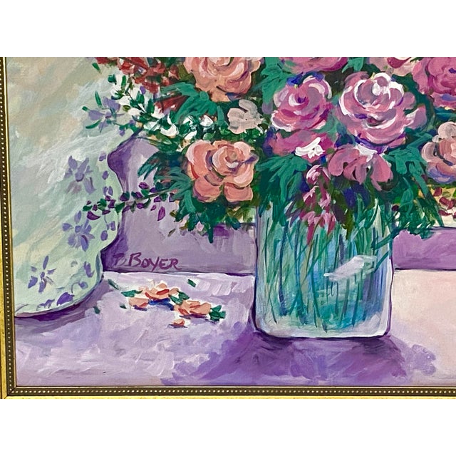 Pink Large Roses Still Life Painting For Sale - Image 8 of 13