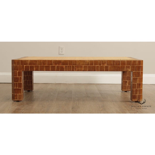Mid Century Modern Wooden Block Carved Tile Parsons Coffee Table with Wicker Top For Sale - Image 9 of 13
