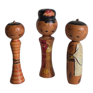 Vintage 1960s Japanese Miniature Kokeshi Dolls - Articulated Wooden Trio