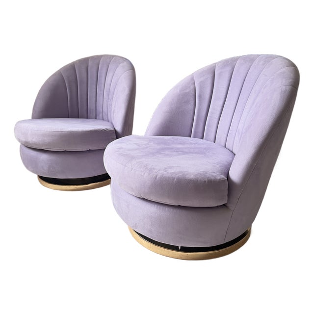 1970s Pair of Milo Baughman Clam Shell Swivel Chairs in Lilac For Sale