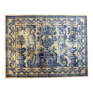 18th Century Antique Portuguese Tile Mural Panel Depicting a Blue and White Vase Surrounded by Cherubs