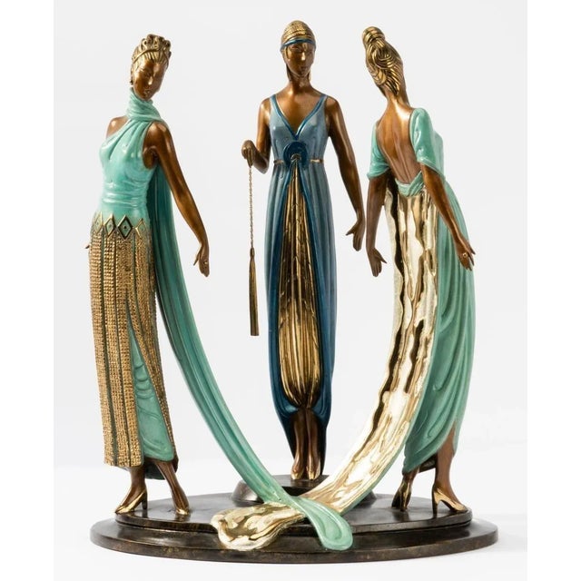 "The Three Graces" sculpture by Erté made with cold-painted bronze depicting three beautiful ladies with graceful wear in...