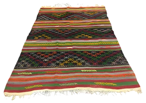 Vintage Turkish Green, Red & Black Wool Square Tribal Kilim Rug, 1960s
