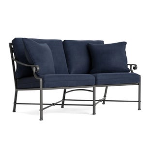 Brown Jordan Venetian Loveseat, Textured Pewter frame with Fusion Neptune fabric For Sale
