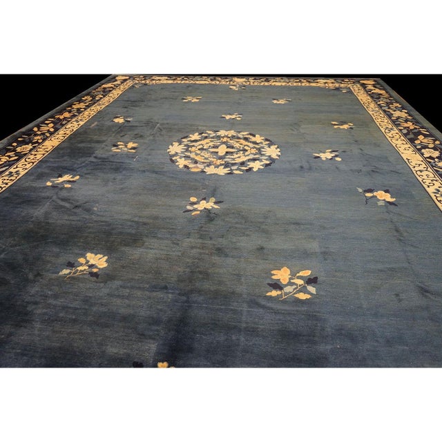 Late 19th Century 1890s Blue Field Floral Medallion Antique Chinese Peking Wool Rug 13' X 17' 10" For Sale - Image 5 of 8