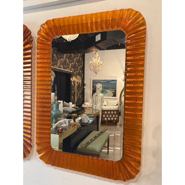 Vintage Italian Glass Pair of Orange Scalloped Wavy Wall Mirrors by Linea Vetro For Sale - Image 10 of 16