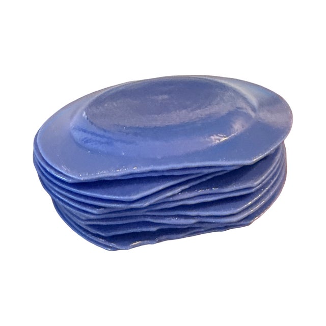 Contemporary 1998 Signed Marcolin Cornflower Blue Studio Art Glass Plates - Set of 12 For Sale - Image 3 of 9