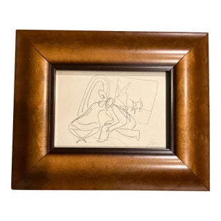 1970’s Original Double Figure Abstract Study Pencil Drawing Wide Wood Frame For Sale