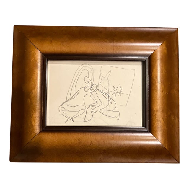 1970’s Original Double Figure Abstract Study Pencil Drawing Wide Wood Frame For Sale