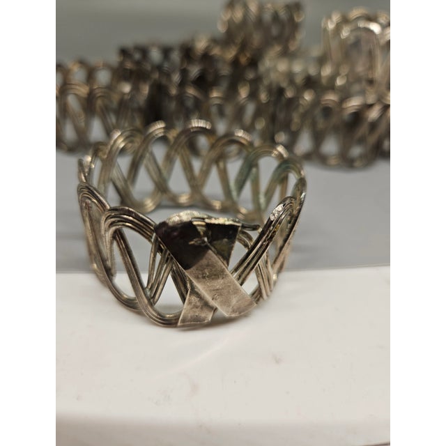 Art Nouveau Vintage Hammered Silver Metal Napkin Rings Geometric Design, Set of 12 For Sale - Image 3 of 4