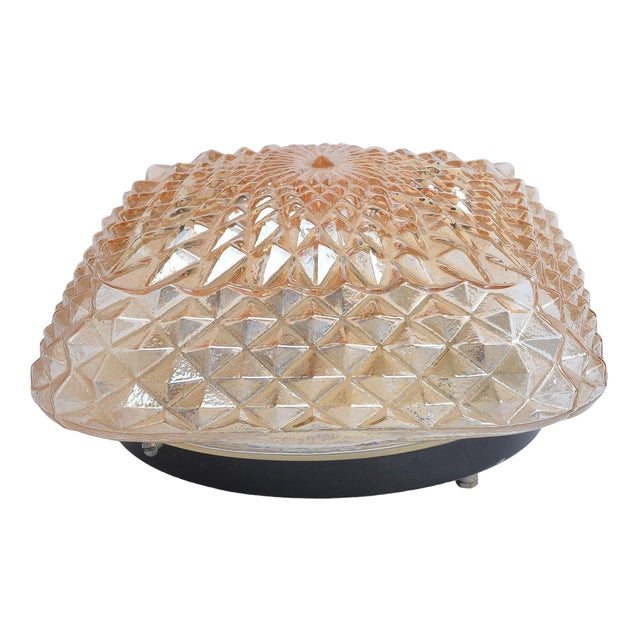 Mid Century Diamond Shell Cut Clear Peach Color Glass Pattern Flush Mount Ceiling Light For Sale