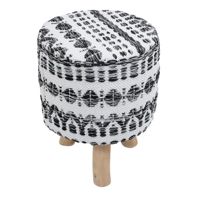 Pasargad Home Grandcanyon Cotton With Wooden Legs Pouf Footstool, White/Black For Sale