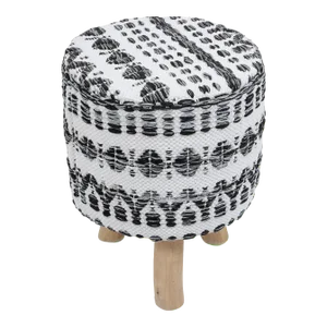 Pasargad Home Grandcanyon Cotton With Wooden Legs Pouf Footstool, White/Black