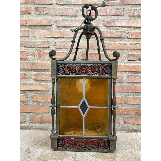 Wrought Iron and Stained Glass Ceiling Lantern Lamp, 1950s For Sale - Image 9 of 18