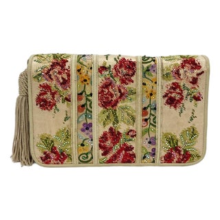 Vintage Judith Leiber Silk Floral Crystal Embroidered Tassel Clutch For Sale