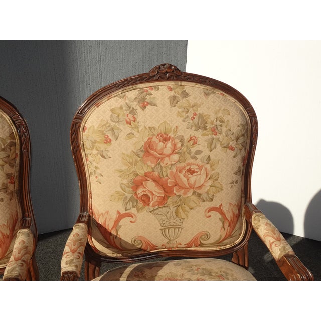Pair Vintage French Louis XVI Style Brown Floral Side Chairs For Sale - Image 4 of 12