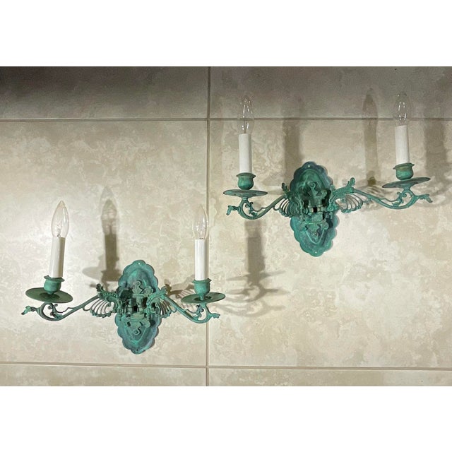 Pair of Antique French Style Verdigris Wall Sconces For Sale - Image 14 of 16