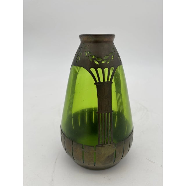 Circa 1900s French Art Nouveau Copper & Green Glass Vase For Sale - Image 4 of 6
