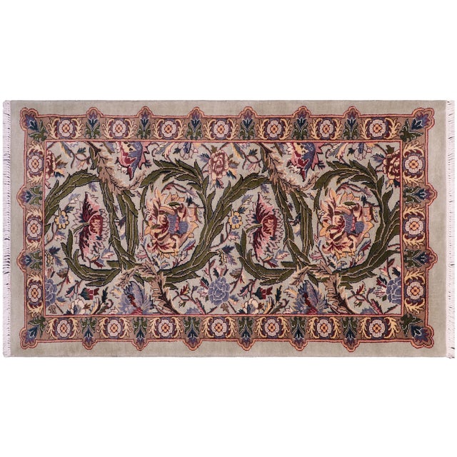 Gray Shabby Chic Floral 1990's Pak-Persian Green/Green Wool Rug - 2'2'' X 4'1'' For Sale - Image 8 of 9