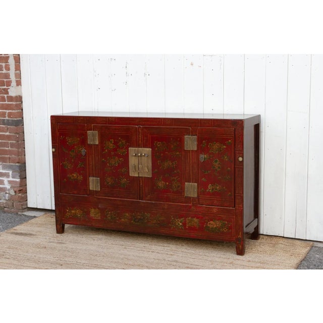 Beautifully Painted Chinese Floral Credenza For Sale - Image 4 of 12