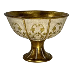 1950’s Florentine Ceramic Terra Cotta Pedestal Bowl, Gold Gilt, Signed Italy