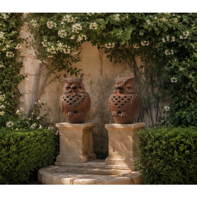 A Pair of Vintage Italian Style Terracotta Owl Garden Statues & Lanterns For Sale - Image 10 of 12