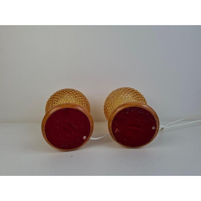 Mid-Century Modern Table Lamps with Amber Glass and Wood Base, Czechoslovakia, 1980, Set of 2 For Sale - Image 4 of 17