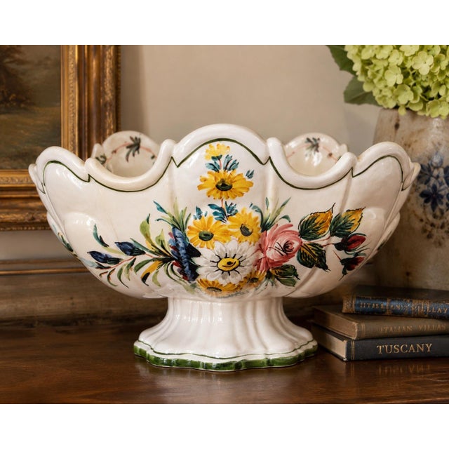 Authentic Bassano, Italy hand-painted majolica centerpiece bowl imported by Flora Fenton. This large scalloped pedestal...