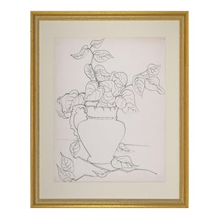 Vintage Mid Century Modernist Pothos Plant Still Life Drawing by Achillo Sullo C. 1950 For Sale