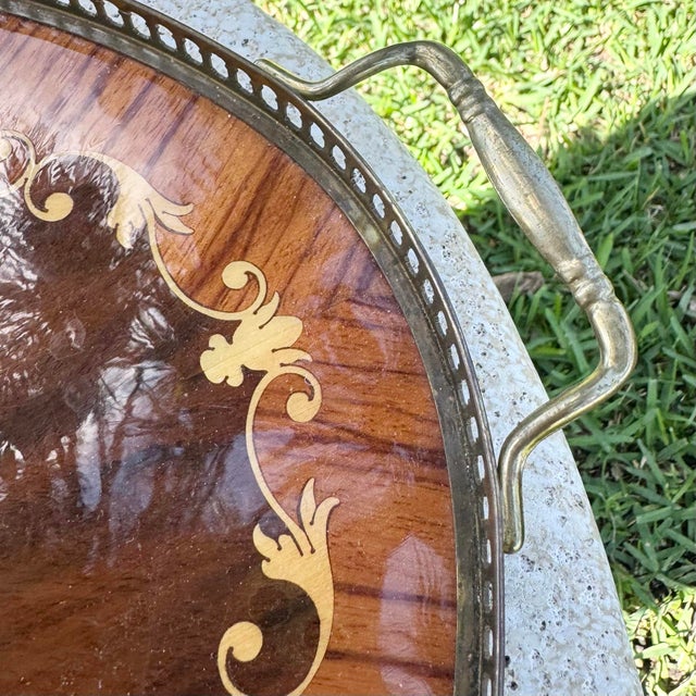 Italian Vintage Italian Marquetry Wood Inlay and Brass Tray For Sale - Image 3 of 6