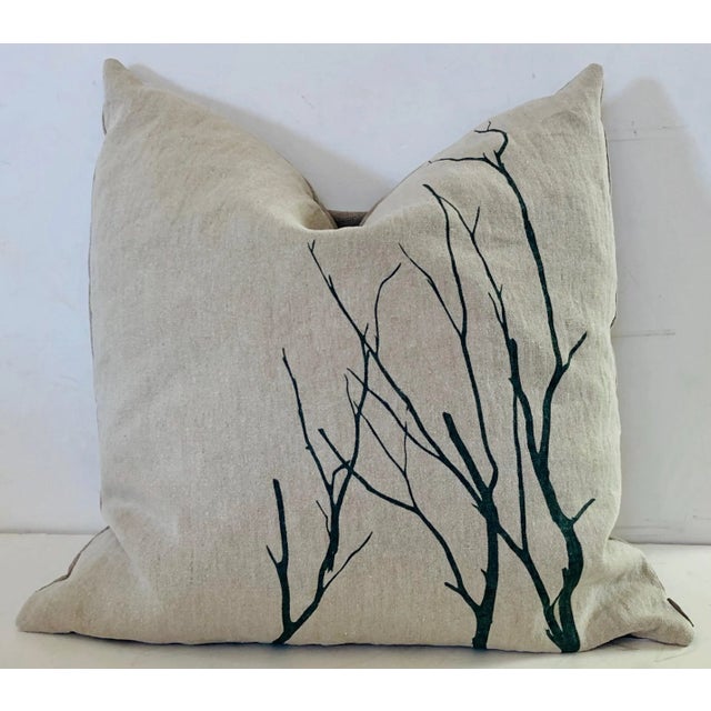2010s Botanical Hand Printed Linen Pillow - Blue Branch For Sale - Image 5 of 5