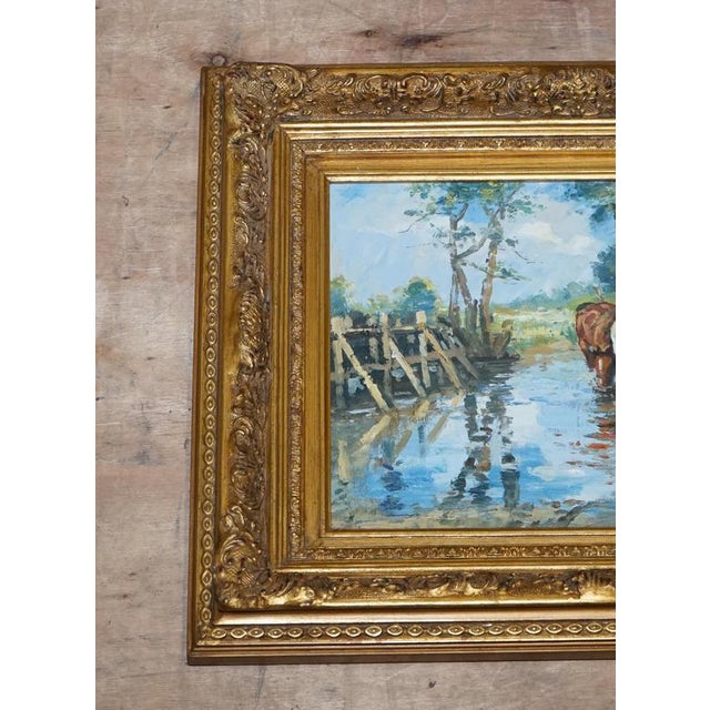A captivating antique oil painting depicting a horse rider crossing a stream, rich in movement, atmosphere, and...
