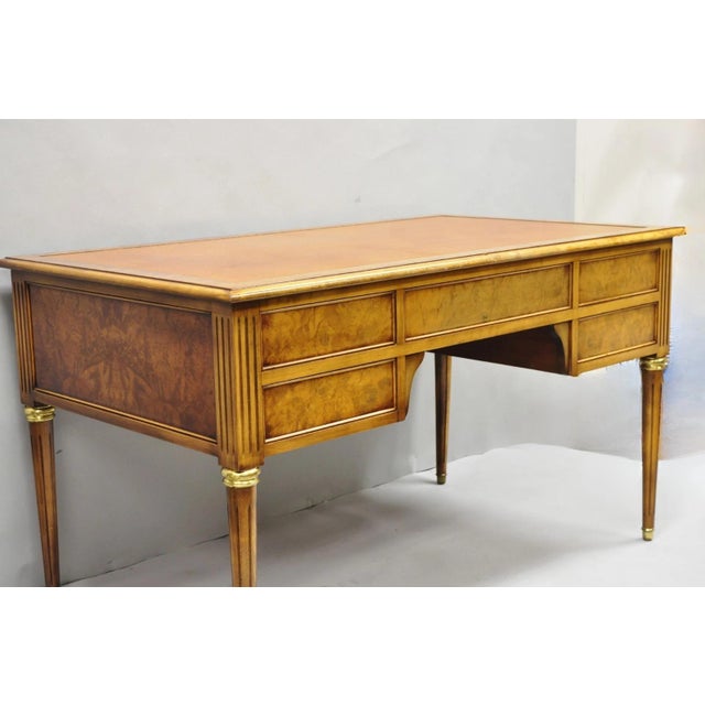 Vintage French Louis XVI Style Burl Walnut Tooled Leather Top Writing Desk For Sale - Image 9 of 18