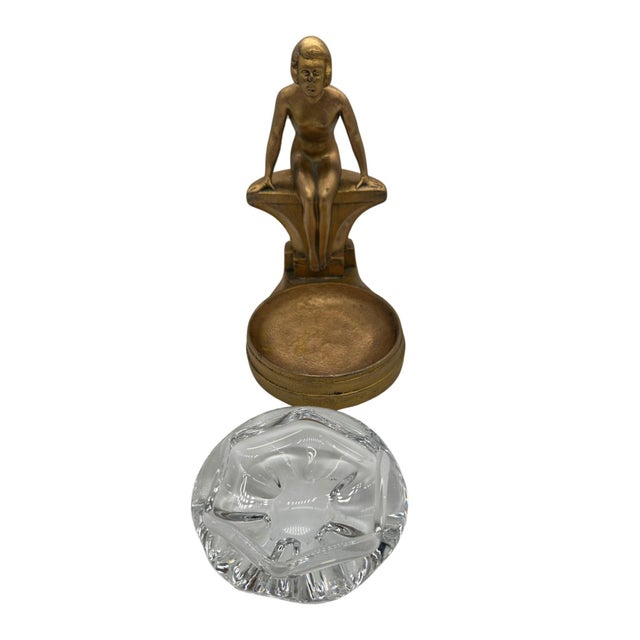 Art Deco Nude Woman Seated at Pool Bronze & Crystal Sculpter Ashtray by Nuart For Sale In Los Angeles - Image 6 of 10