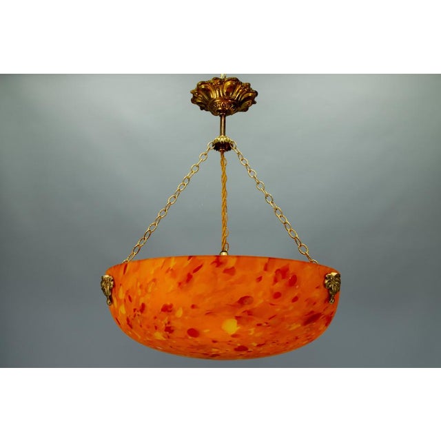 French Art Deco Mottled Orange Glass & Brass Pendant Light, 1930s For Sale - Image 9 of 18