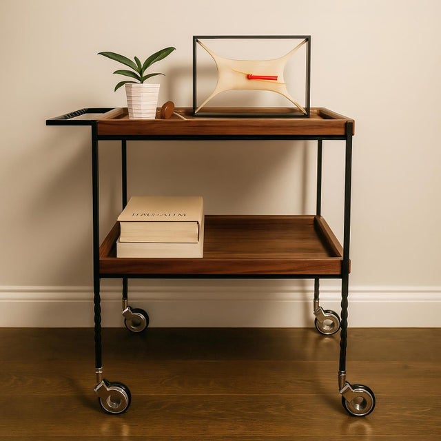 Not Yet Made - Made To Order Walnut Bar Cart With Locking Casters, Two Tier Rolling Serving Cart, Wooden Mobile Coffee Station For Sale - Image 5 of 12