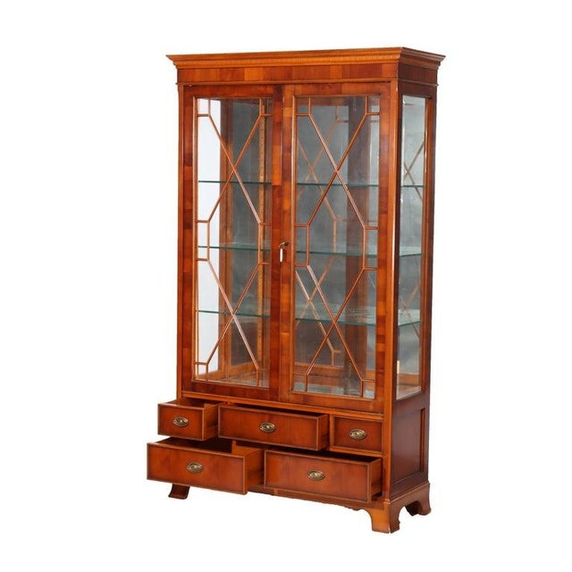 Neoclassical Antique Mahogany & Satinwood Two Door Five Drawer China Cabinet Circa 1920 For Sale - Image 3 of 13