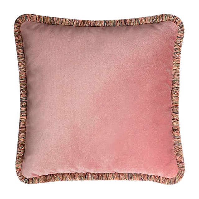 Happy Pink Velvet Cushion with Multi-Colored Fringe by Lorenza Briola for LO DECOR For Sale