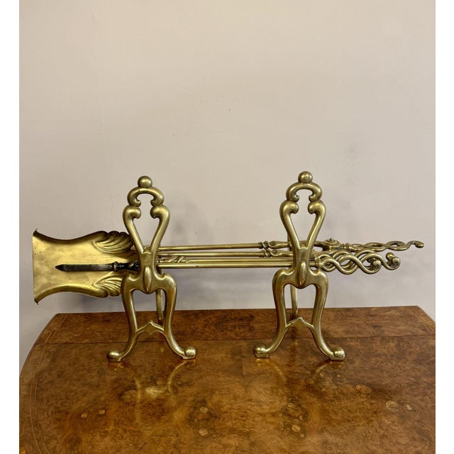 Gold Antique Edwardian Brass Fire Irons and Fire Dogs, 1900, Set of 5 For Sale - Image 8 of 8