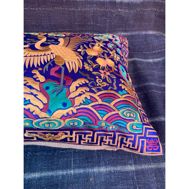 Hollywood Regency Royal Blue & Gold Silk Embroidered Cranes Chinoiserie Boudoir Lumbar Pillow For Sale - Image 9 of 11