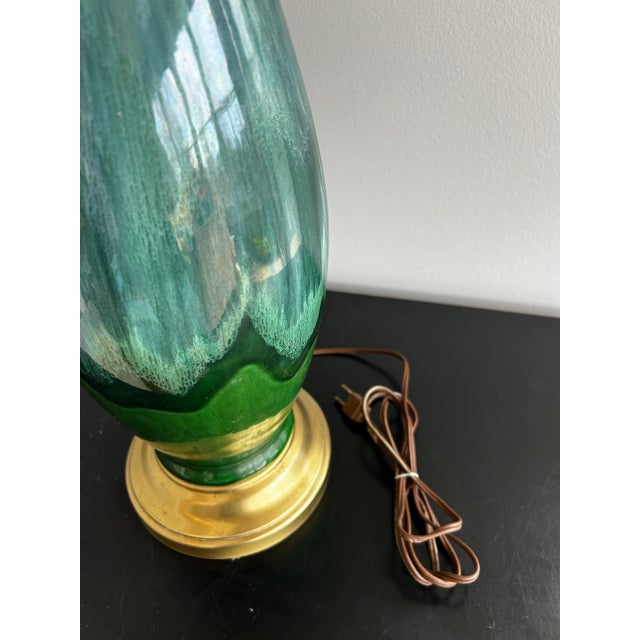 1960s Large Mid-Century Modern Drip Glaze Ceramic Table Lamp Green & Blue, Brass Base For Sale - Image 6 of 11