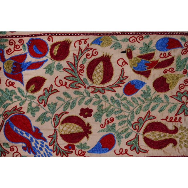 Cream Uzbek Suzani Embroidered Table Runner – Red Pomegranate & Blue Floral Boho Textile 1'8'' X 6'1'' For Sale - Image 10 of 11