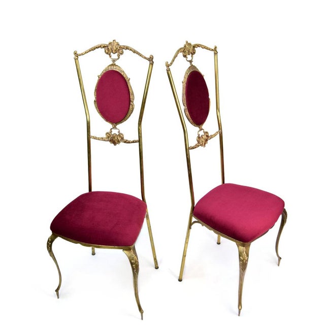 Mid-Century Modern Mid-Century Modern Brass Chairs with Medallion Back and Red Velvet Upholstery, 1950s, Set of 2 For Sale - Image 3 of 4