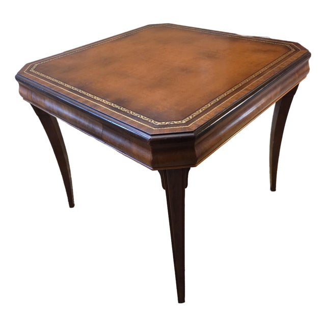Vintage Leather Top Embossed Game Card Table For Sale