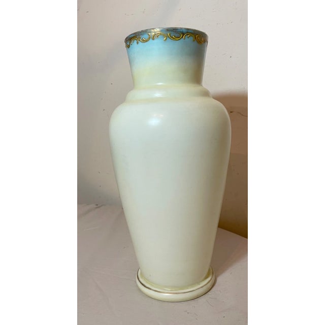 White Tall Antique Hand Blown Painted Milk Bristol Glass Enamel Enameled Flower Vase For Sale - Image 8 of 11